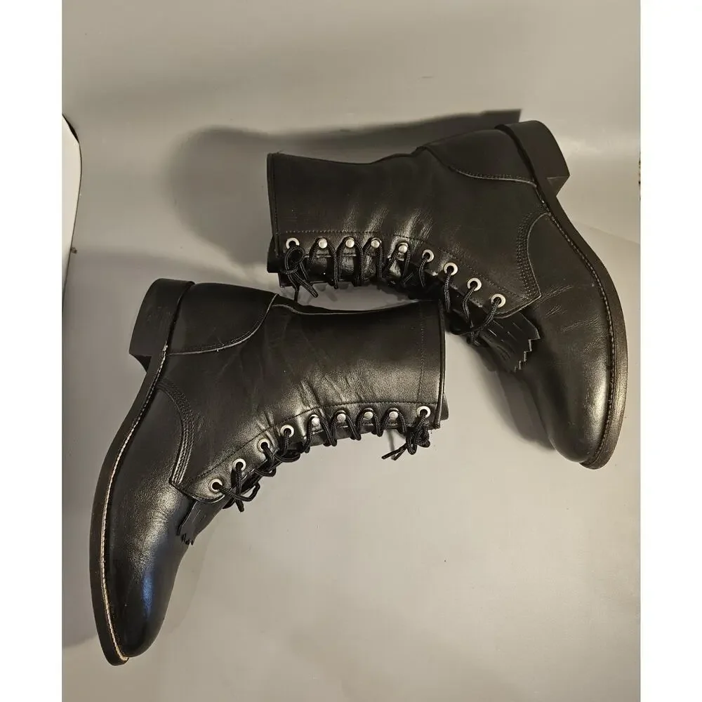 VTG Justin 506 Boots Mens 8 D Black Leather Kiltie Lace Roper Lacer Western USA
